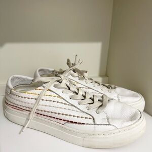 Soludos Retro Stripe White Leather Sneakers Women Size 11 Lace Up Shoes